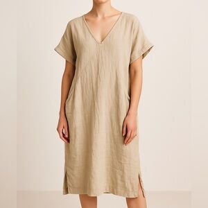 Esby Beige Alice Linen V-Neck Tunic Dress
